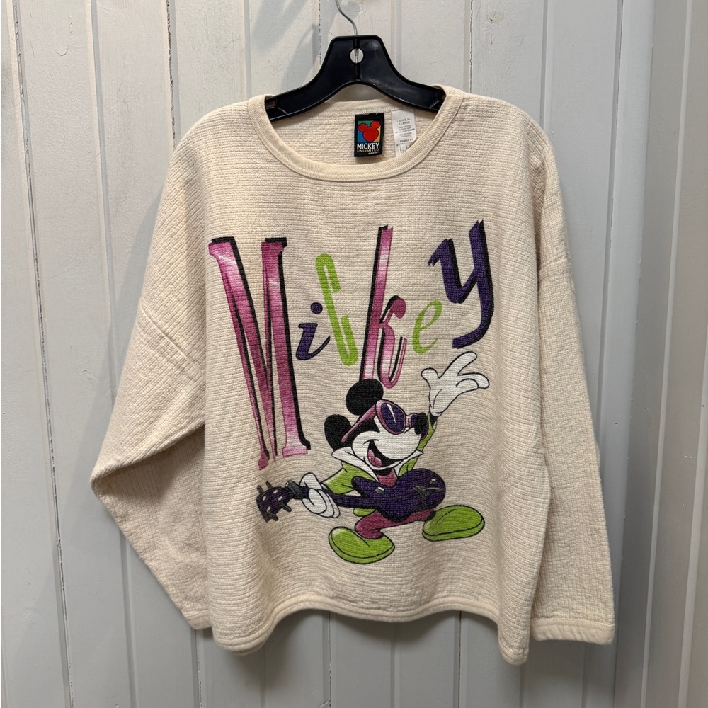Vintage Disney Mickey Mouse Rock n’ Roll Cream Textured Crewneck Sweatshirt